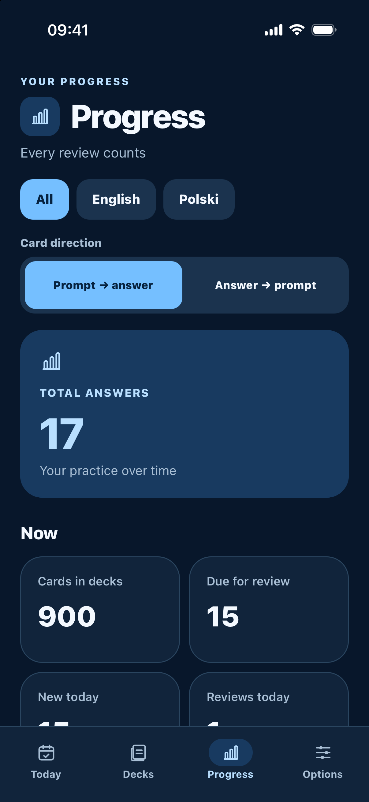FlashFree Progress screen showing learning statistics