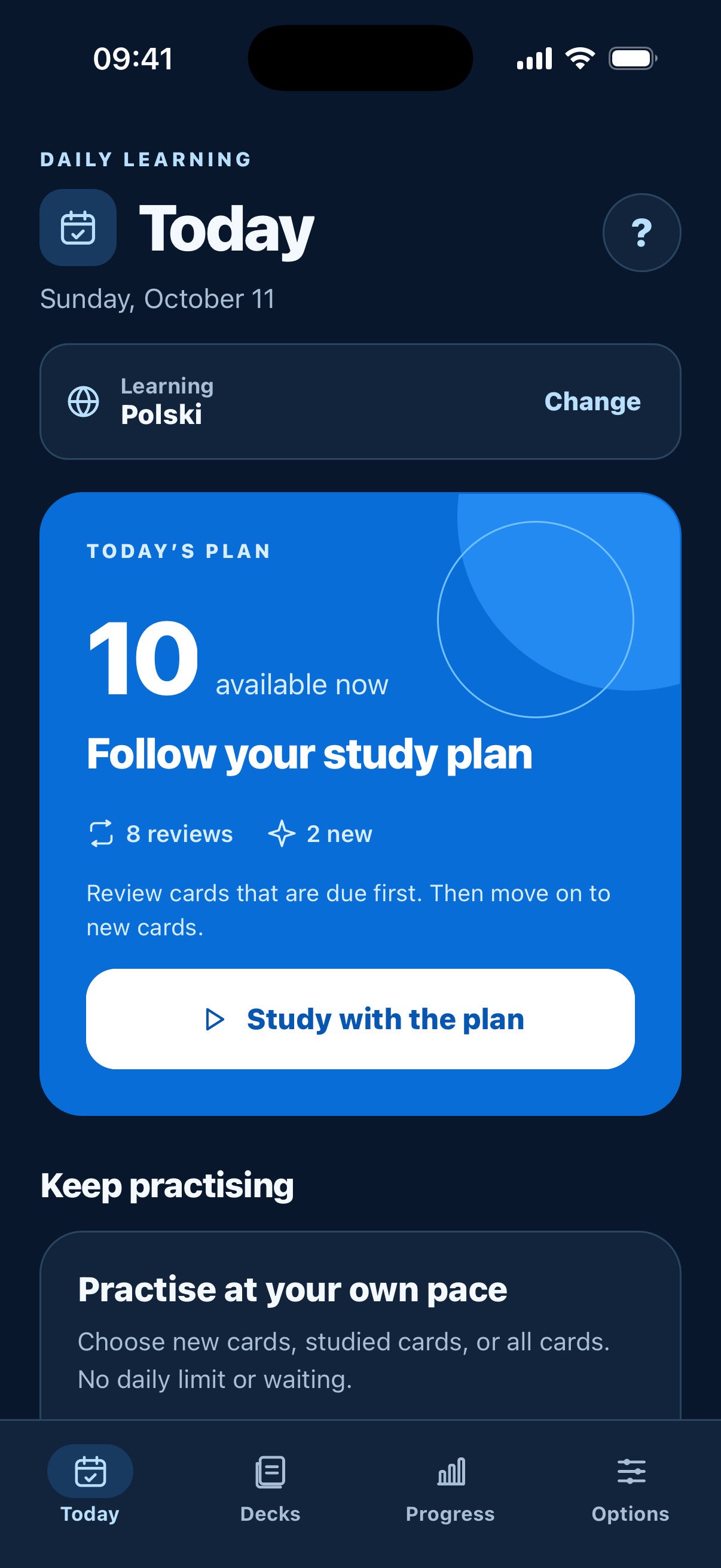 FlashFree Today screen showing a daily study plan